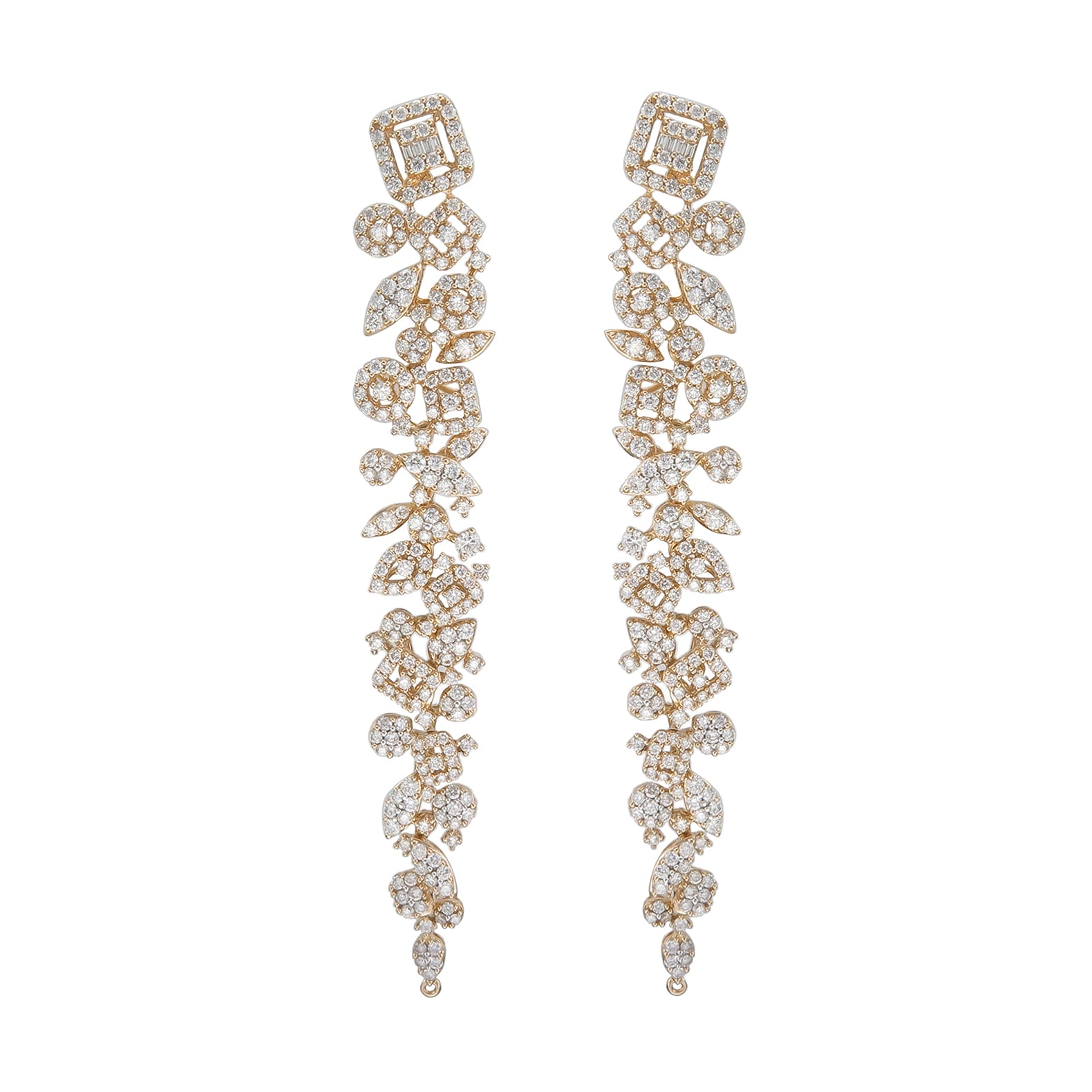 18ct Yellow Gold Pendant Earrings with Brilliant-Cut Diamonds and Baguette-Cut Diamonds