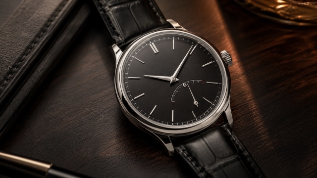 Power reserve in watchmaking Elegant dress watch with black dial, leather strap and power reserve indicator in refined detail