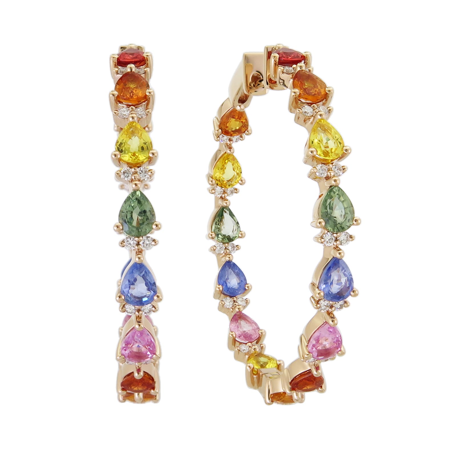 Rose Gold Hoop Earrings with Rainbow Sapphires